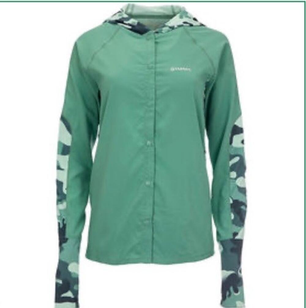 Simms Men’s S BiComp Hoodie Green Camo Long Sleeve Shirt Button